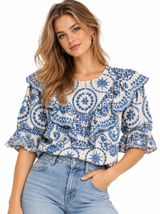 Bluse South, Sézane, blau/weiss